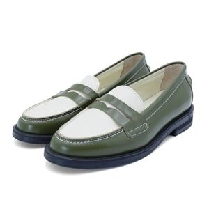 NWT DUKE + DEXTER Women's US 7/UK 5 Olive Green White Leather Penny Loafer Shoes
